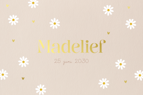 Geboortekaartje meisje met madeliefjes en goudfolie hartjes