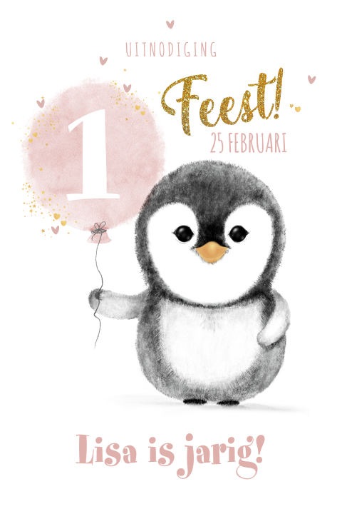 Uitnodiging kinderverjaardag meisje pinguïn met ballon