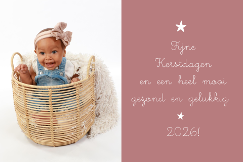 Minimalistische kerstkaart roze met foto en kerstboom-tekst