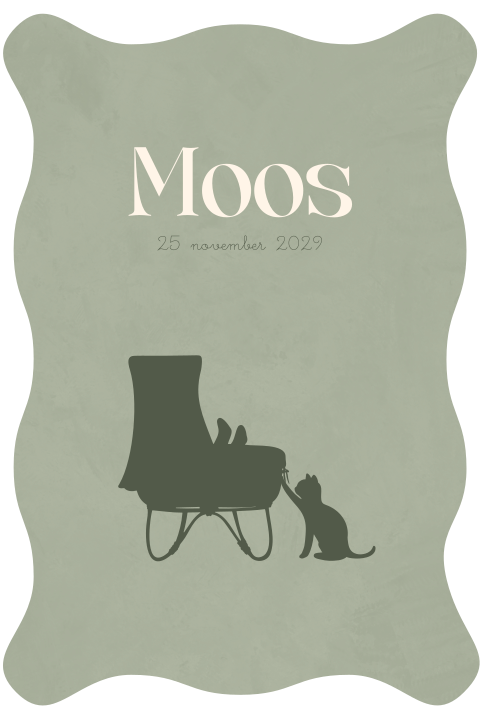 Geboortekaartje silhouet met huisdier, wiegje en golfrand – Moos