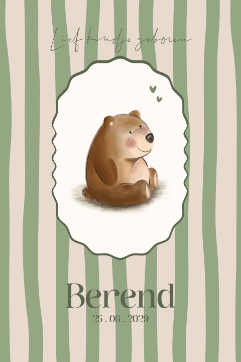 Lief geboortekaartje met speelse strepen en schattig beertje