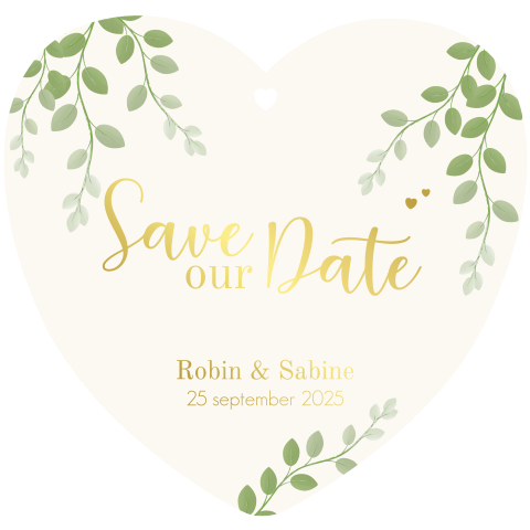 Save the Date kaart hartjes vorm botanische sferen en goudfolie