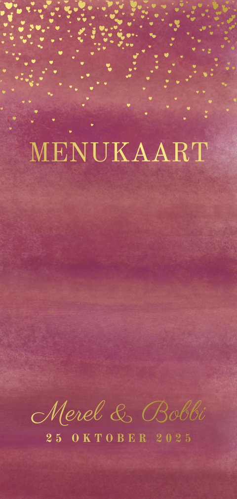 Stijlvolle menukaart met plum kleur en gouden hartjes huwelijksdiner