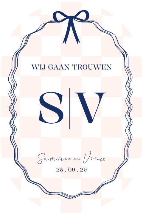 Ovale trouwkaart met monogram en strikje