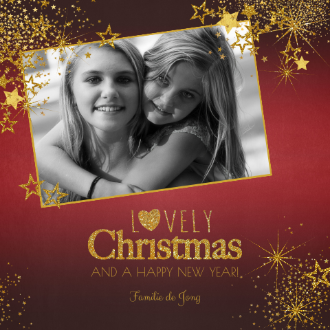 Stijlvolle rode foto kerstkaart met gouden sterren Lovely christmas