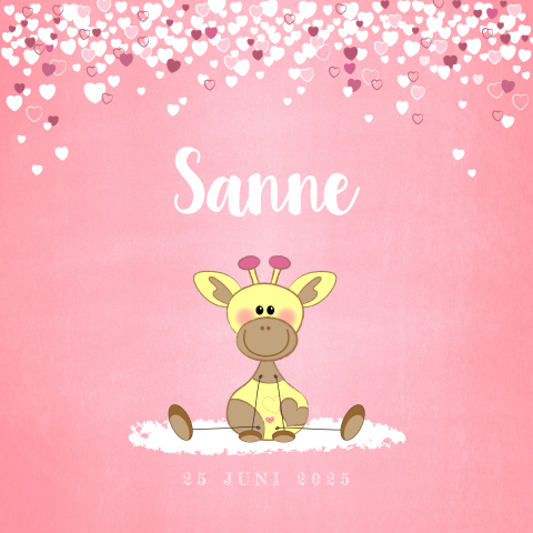 Geboortekaart roze lief girafje en vele hartjes Sanne