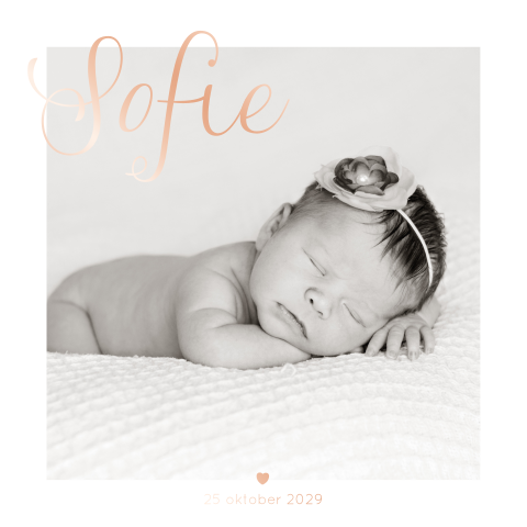 Geboortekaart foto met rose-goudfolie Kraamfeest