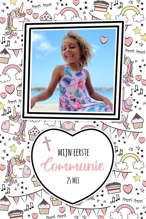 Uitnodiging Communie met foto cupcakes en unicorn doodles