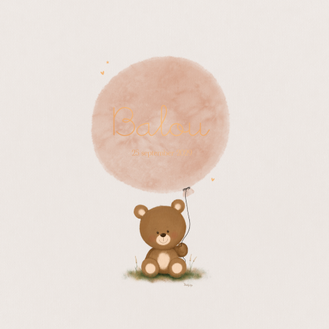 Geboortekaartje met lief teddybeertje met ballon en koperfolie naam