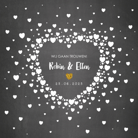 Hippe trouwkaart krijtbord met witte hartjes