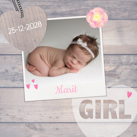 Geboortekaartje meisje met houtlook babyfoto en roze accenten