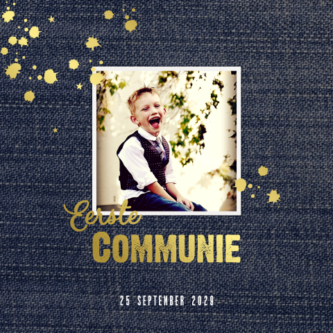 Stoere communie uitnodiging met foto en goudfolie accenten
