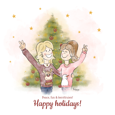 Vrolijke kerstkaart met twee vriendinnen met kersttrui