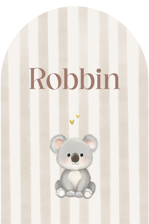 Geboortekaartje boogvorm met koala en strepen in naturel tinten
