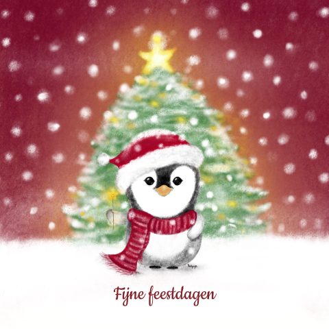Magische kerstkaart met kerstboom, fluffy pinguïn en sneeuwvlokken