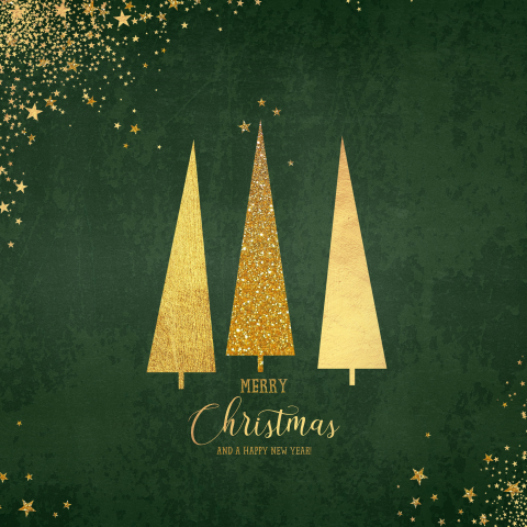 Stijlvolle klassieke kerstkaart groen met gouden kerstbomen