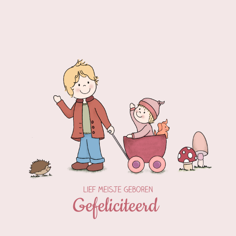 Felicitatie geboorte meisje - jongen met zusje in bolderkar