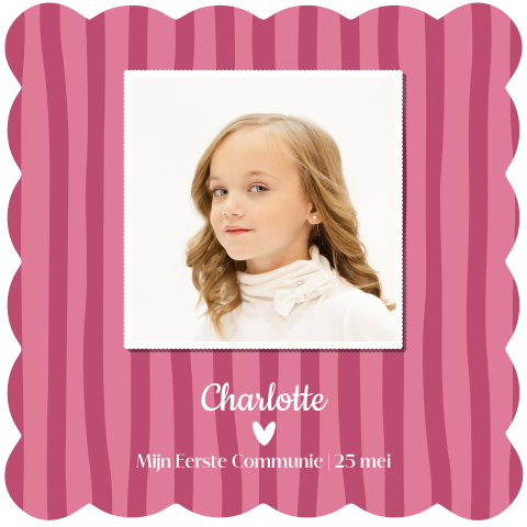 Communiekaart meisje roze strepen met golvende rand en foto