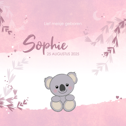 Geboortekaart meisje roze bladeren hartjes maan en koalabeertje