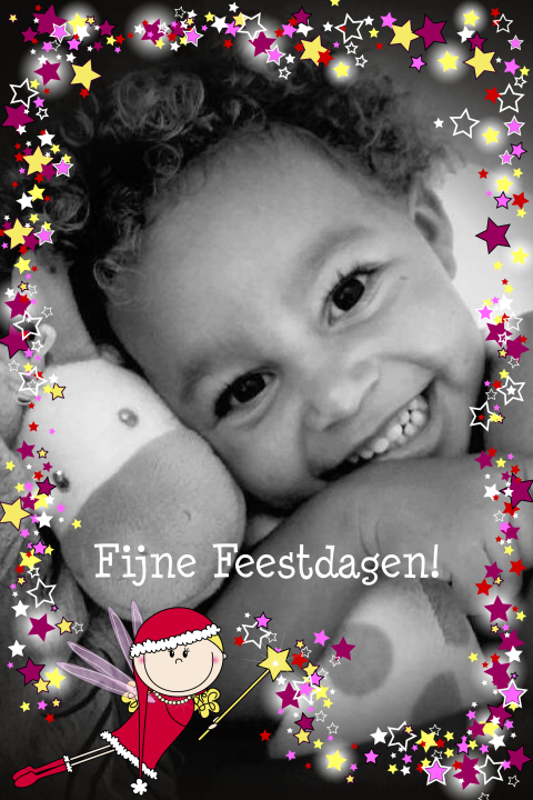 Kerstkaart eigen foto sterretjes kader met een kerstfee