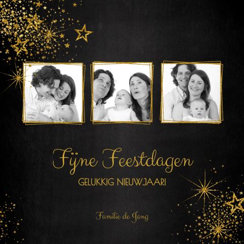 Stijlvolle kerstkaart met 3 eigen foto's en goudkleurige sterren