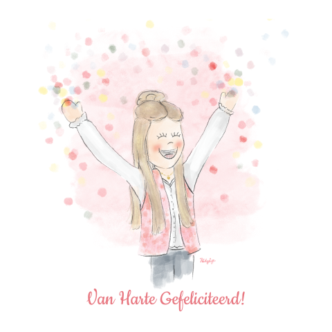 Feestelijke verjaardagskaart met een jarige vrouw met confetti