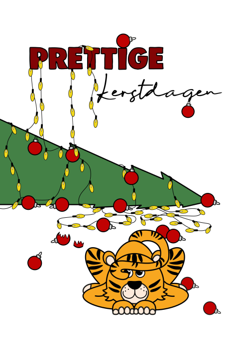 Kerstkaart tijgertje met de kerstboom - Kleurplaat aan binnenzijde