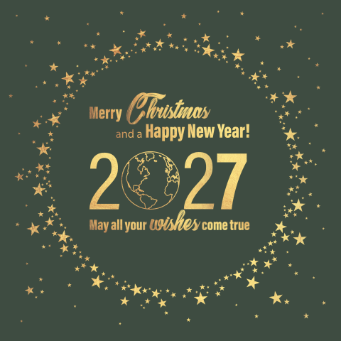 Kerstkaart stijlvol groen met gouden tekst en sterren wereldbol 2027