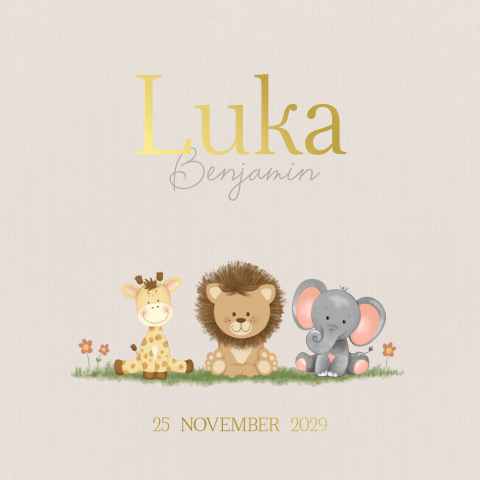 Geboortekaartje Luka met schattige jungle vriendjes en goudfolie