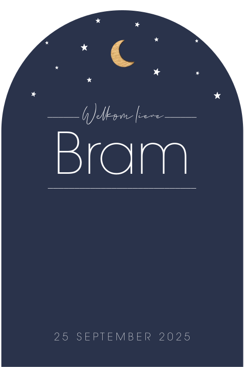 Minimalistisch geboortekaartje jongen boogvorm en houten maan