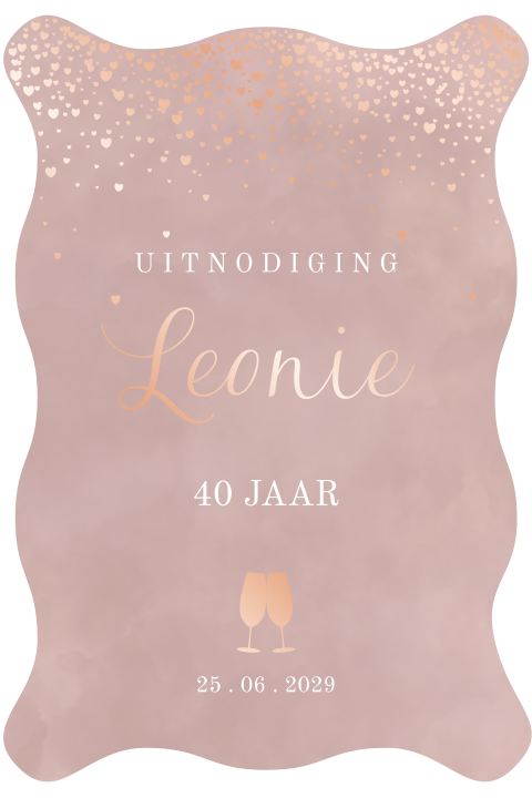 Uitnodiging verjaardag vrouw 40 jaar – golfrand en goudfolie hartjes
