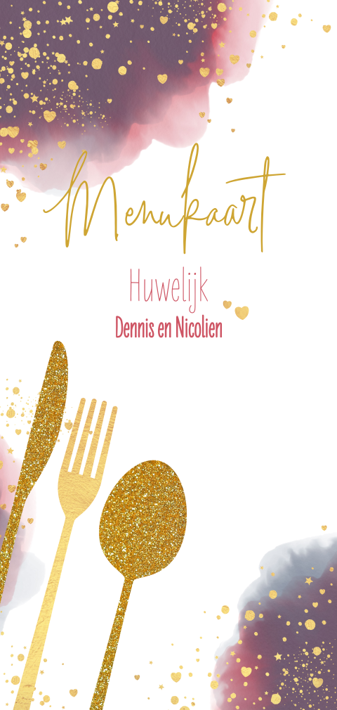 Hippe menukaart waterverf en goudkleurige stippen en hartjes
