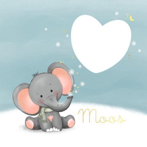 Geboortekaartje winter • Olifantje in de sneeuw • Hartjes-doorkijkje — Moos