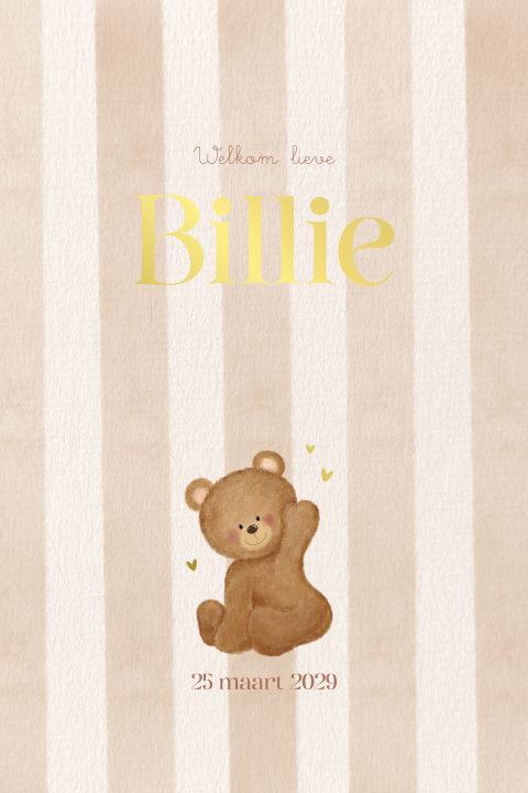 Neutraal geboortekaartje beertje beige strepen - Billie