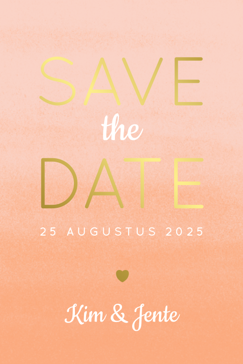 Save the Date Kaart met opvallend zalm oranje tinten en goudfolie