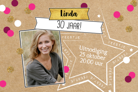 Hippe verjaardagsuitnodiging kraft en confetti met eigen foto Linda