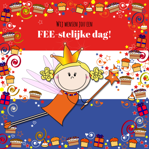 Vrolijke kaart met lief oranje Feetje taartjes en cadeautjes