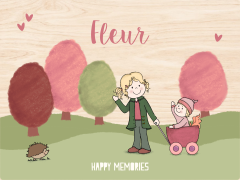 Houten memory box met meisje en babyzusje in bolderkar