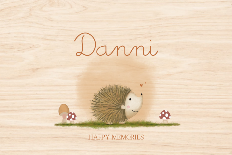 Houten memory box met egeltje en paddenstoelen – Danni