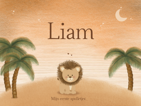Houten memorybox baby met leeuwtje en palmbomen