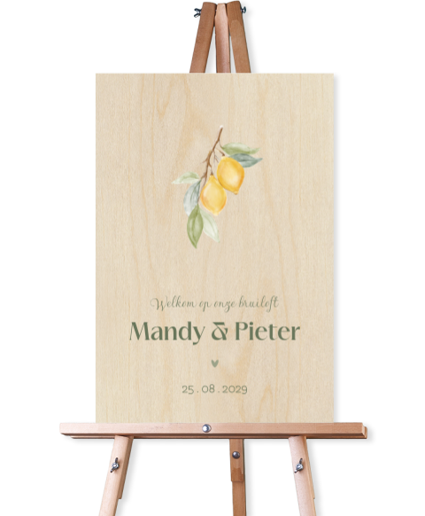 Welkomstbord hout bruiloft met citroenillustratie – Amalfi Romance