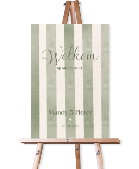 Welkomstbord bruiloft met groene strepen – Amalfi Romance