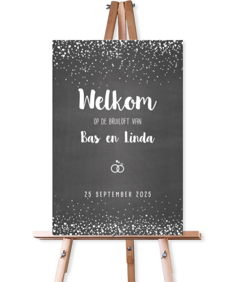 Welkomstbord bruiloft krijtbord en hartjes