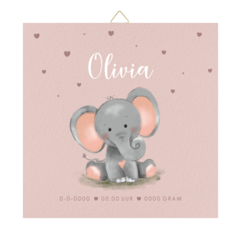 Roze geboortetegel met lief olifantje en hartjes