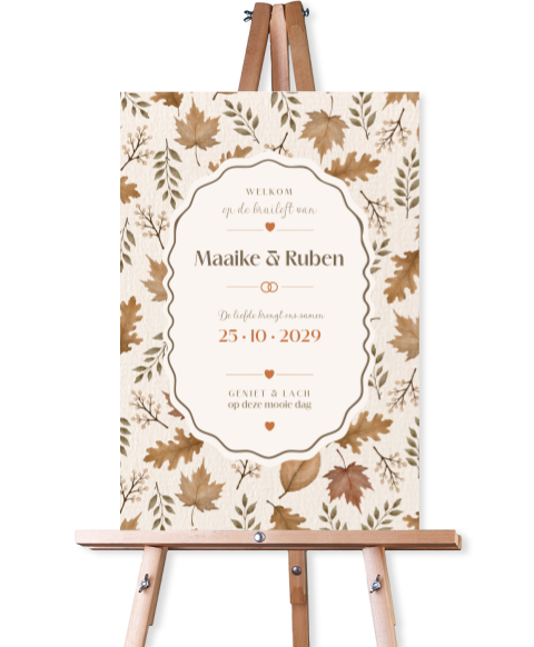Welkomstbord bruiloft met herfstblaadjes | Soft Autumn Romance