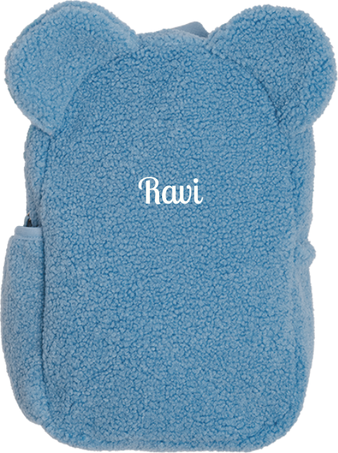 Teddy rugzak met naam en oortjes blauw