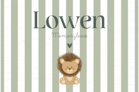 Witte memorybox met naam, leeuwtje en groene strepen