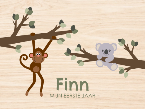 Houten memorybox met babynaam en aapje en koalabeertje