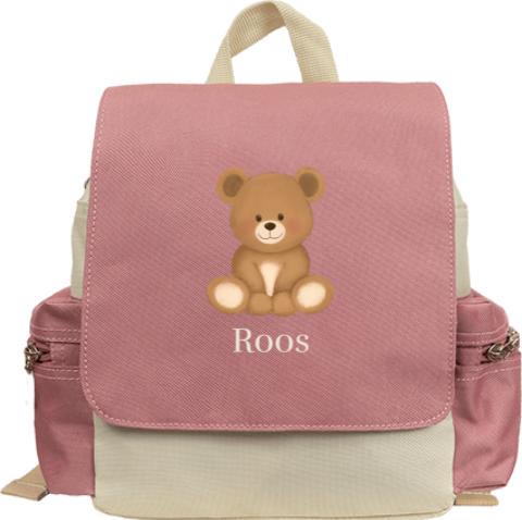 Rugzak met naam en teddybeer – oudroze kinderrugzak