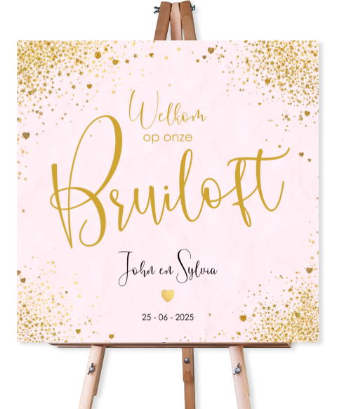 Welkomstbord bruiloft romantisch en feestelijk met gouden hartjes